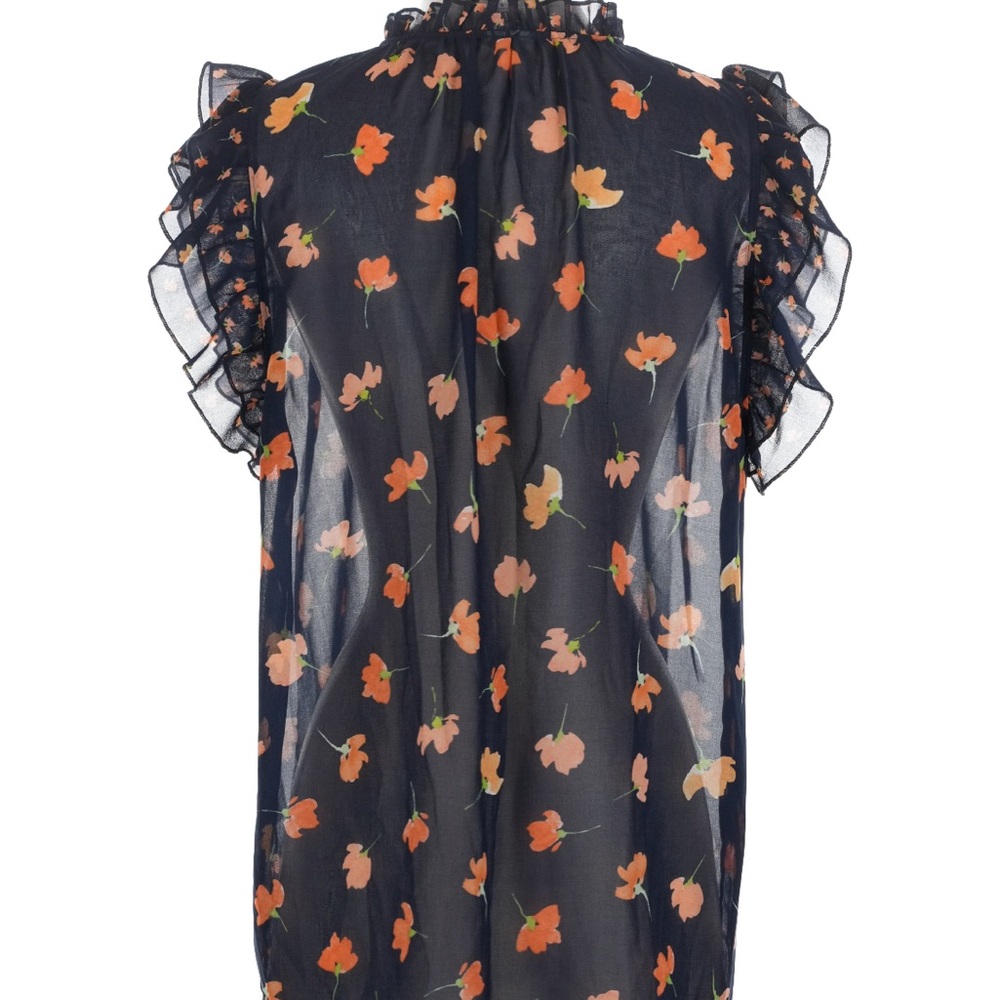 Cabi navy blue orange floral Spring flutter sleeve blouse S - Picture 3 of 6